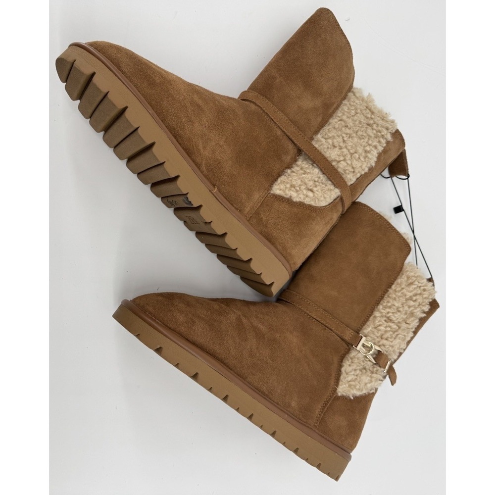 ZARA NWT Cozy Shearling Lined Suede Ankle Boots Chestnut Brown Moto Buckle Sz 9 - Picture 5 of 15